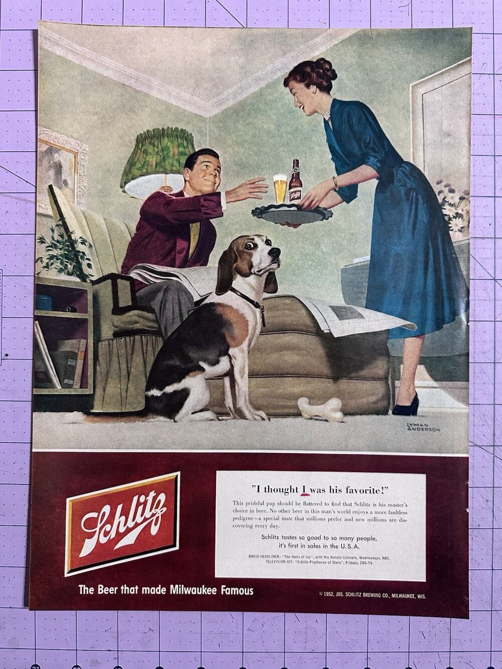 1952 Schlitz Beer Vintage Print Ad Lyman Anderson Art Beagle Dog 1950s Fashion
